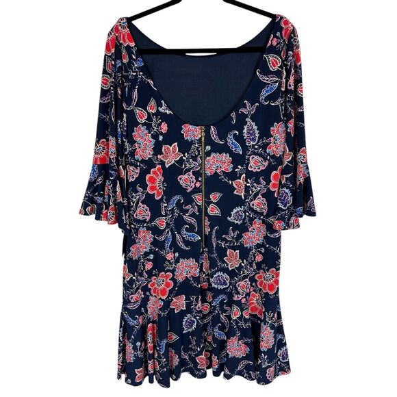 NEW Eliza J Navy Pink Floral 3/4 Bell Sleeve Exposed Zipper Knit Shift Dress 18 - Picture 2 of 10